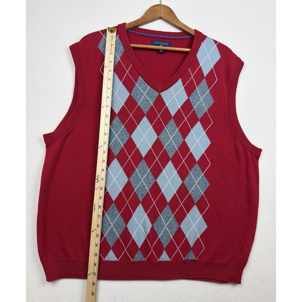 Saddlebred Men's V Neck Argyle‎ Sweater Vest Red Gray XL 100% Cotton Preppy Golf - Picture 5 of 10